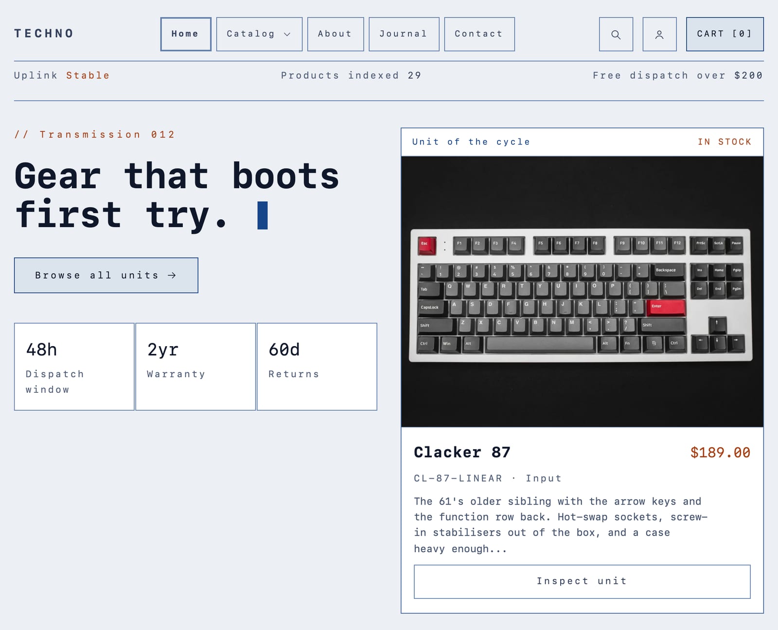Blueprint palette on desktop: navy type and lines on white panels over light gray-blue, with prices in rust.