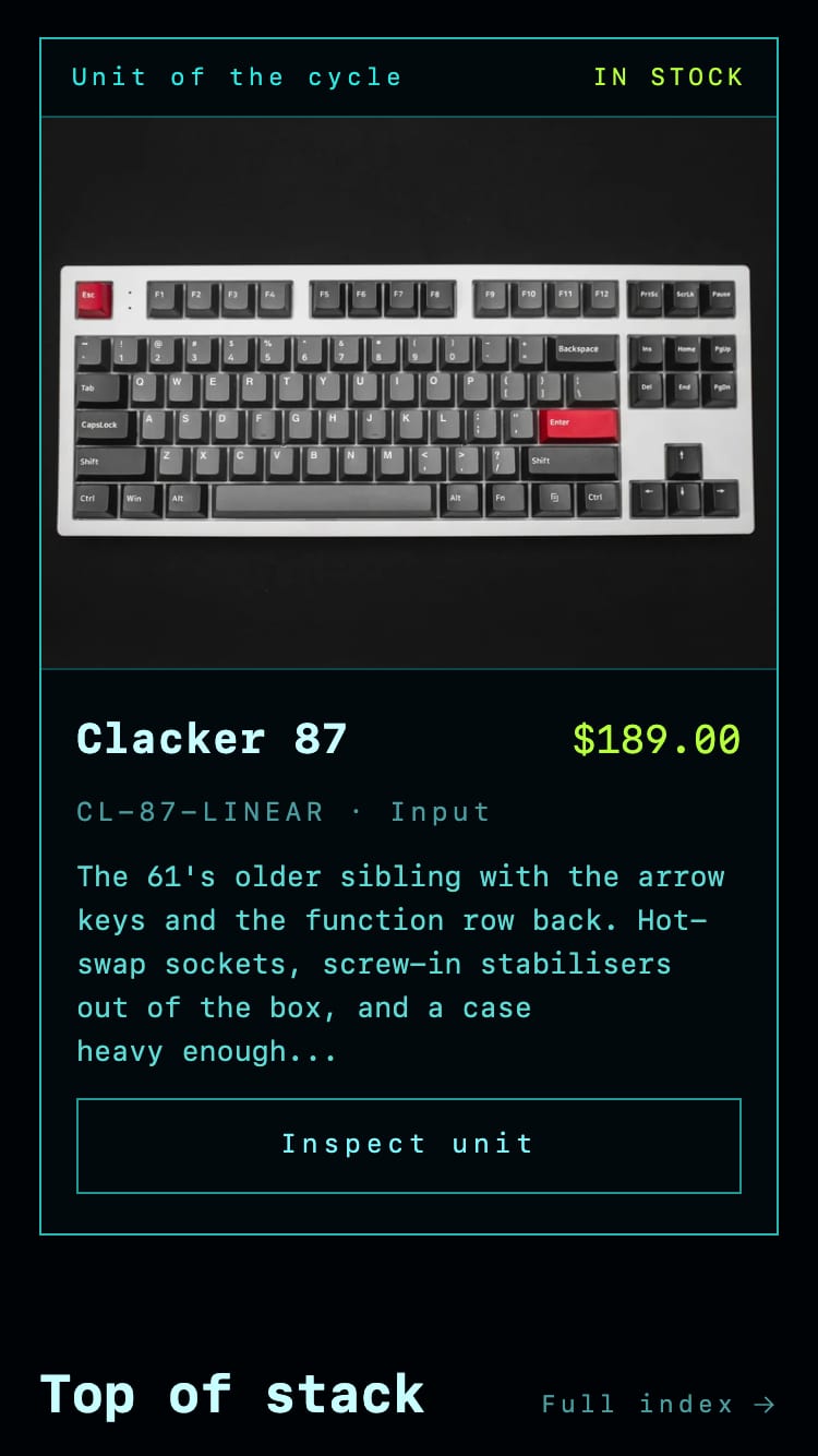A featured product panel on a phone in the Techno palette: a keyboard photo, title, price, SKU and description.