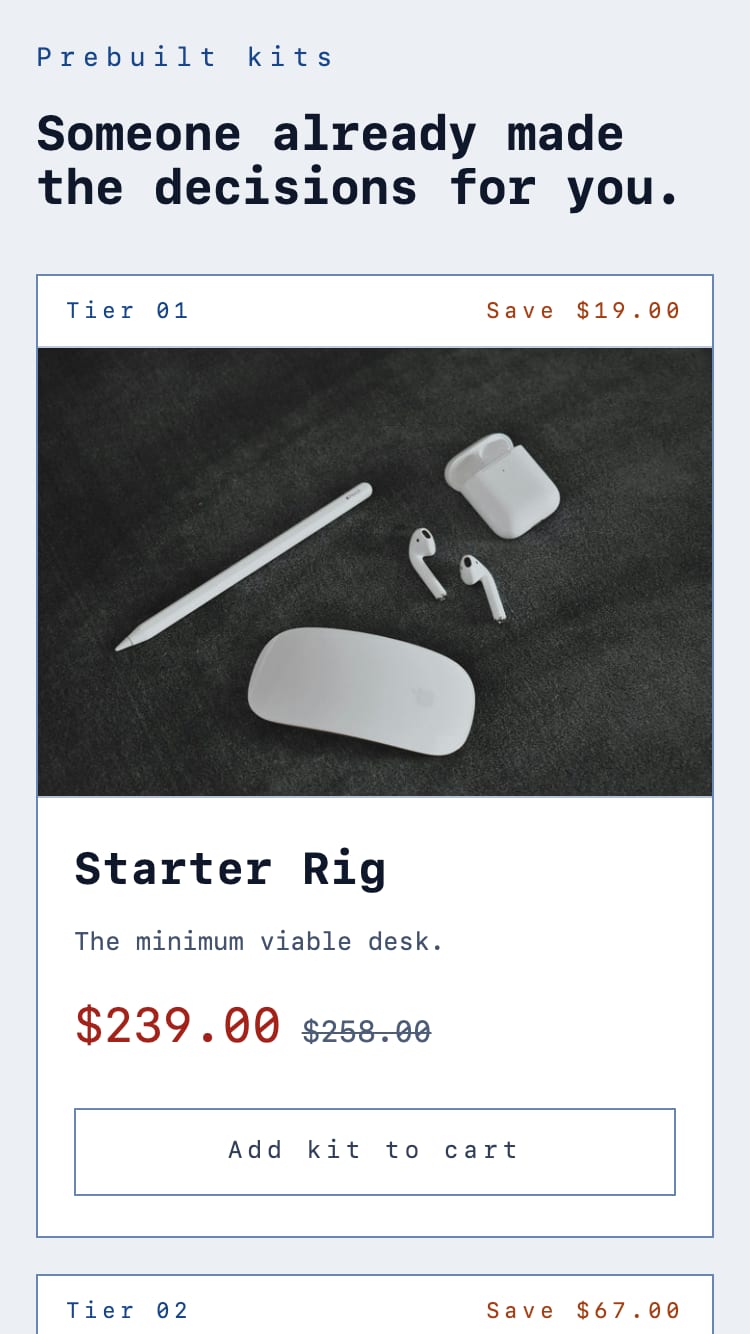 A kit panel on a phone in the Blueprint palette: “Tier 01”, a saving, the kit photo, its price and an “Add kit to cart” button.