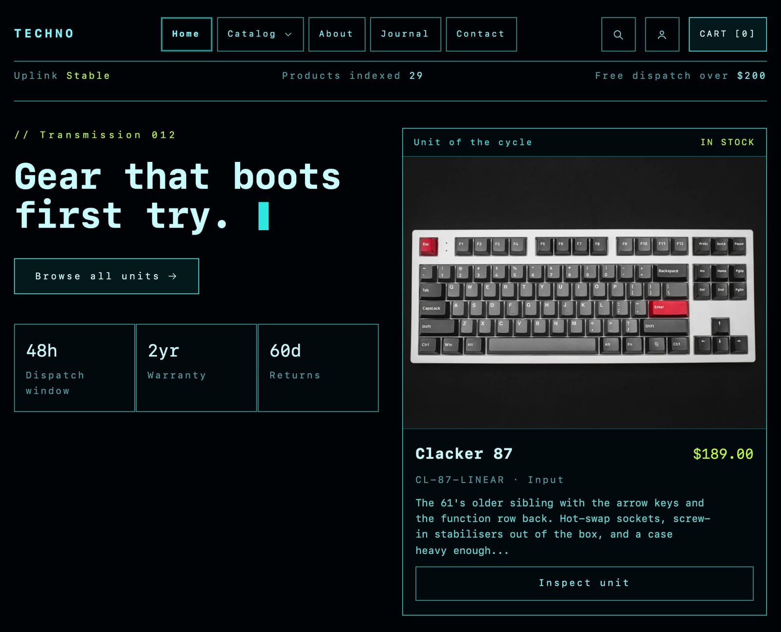 Techno palette on desktop: cyan monospace type and hairline panels on near black, with prices and “In stock” in lime.